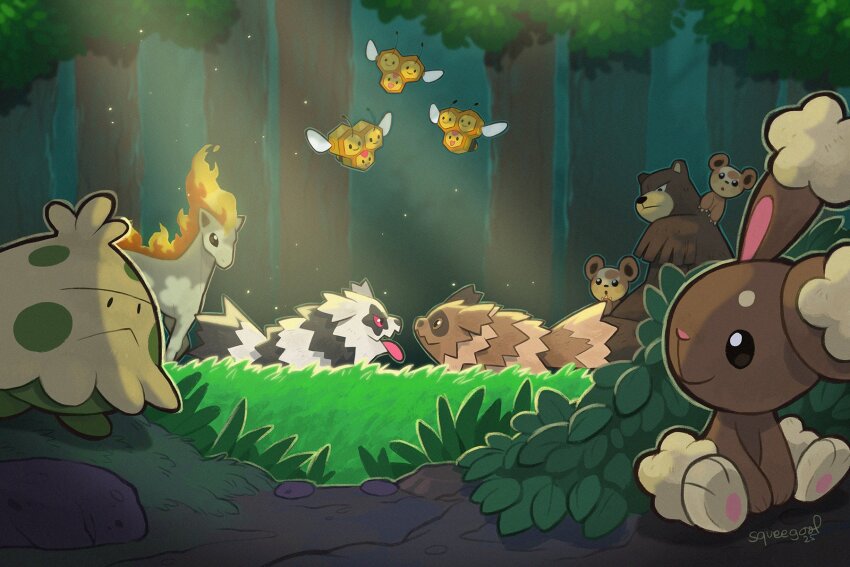 artist_name black_fur brown_fur buneary day forest galarian_form galarian_zigzagoon gen_1_pokemon gen_2_pokemon gen_3_pokemon gen_4_pokemon gen_8_pokemon highres nature nintendo no_humans outdoors pokemon pokemon_(creature) ponyta shroomish signature squeegool teddiursa tree two-tone_fur ursaring white_fur zigzagoon