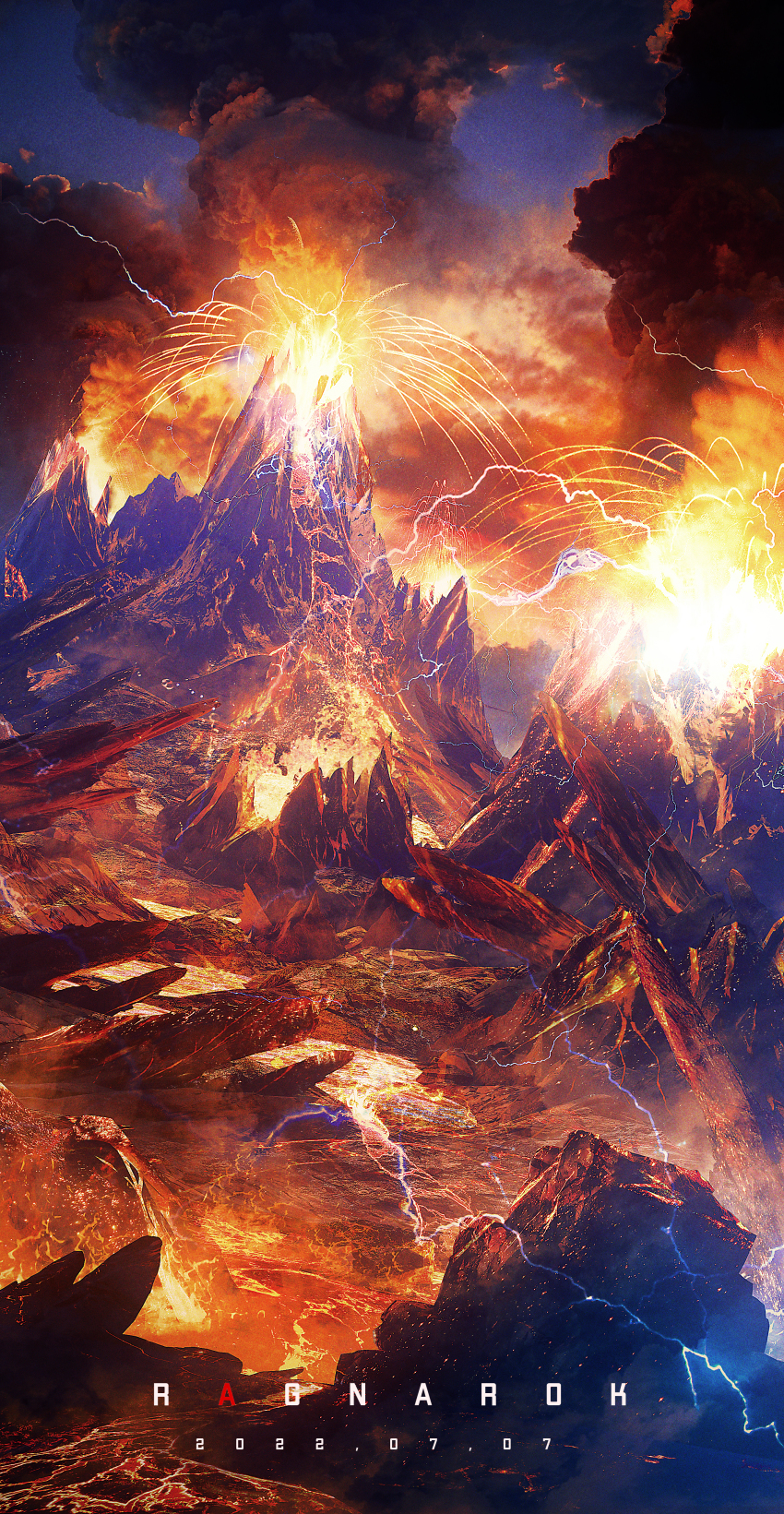 absurdres cloud cloudy_sky dark_cloud electricity explosion fantasy fire highres hot lava mountain mountainous_horizon nature no_humans original bad_tag rei_(lappy_mofumofu) scenery sky sparks text_focus volcano