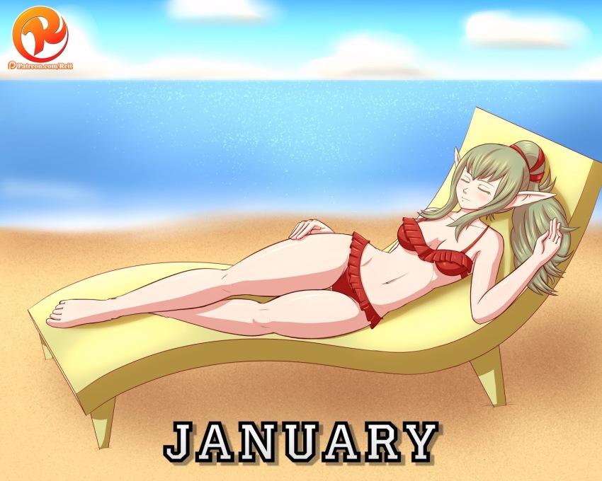 1girl barefoot beach beach_chair bikini breasts cleavage cloud fire_emblem fire_emblem_awakening frilled_bikini frills highres long_hair navel nintendo ocean pointy_ears ponytail red_bikini reit sand sky sleeping swimsuit tiki_(adult)_(fire_emblem) tiki_(fire_emblem) water watermark