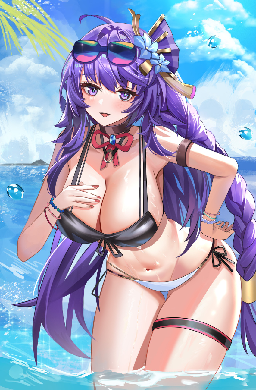 1girl absurdres alternate_breast_size_(larger) alternate_costume alternate_hairstyle armlet armpits bare_shoulders bent_over bikini blue_pupils blue_sky bracelet braid breasts choker cleavage cloud cloudy_sky collarbone commentary eyewear_on_head fan_hair_ornament genshin_impact hair_between_eyes hair_ornament hanging_breasts happy head_tilt highres huge_breasts jewelry leaning_forward liangyimo long_braid multicolored_eyes navel neck_ribbon necklace no_mole ocean open_mouth palm_tree purple_eyes purple_hair raiden_shogun red_lips red_ribbon ribbon single_braid sky smile solo standing stomach sunglasses swimsuit thick_thighs thighlet thighs tree upper_body water