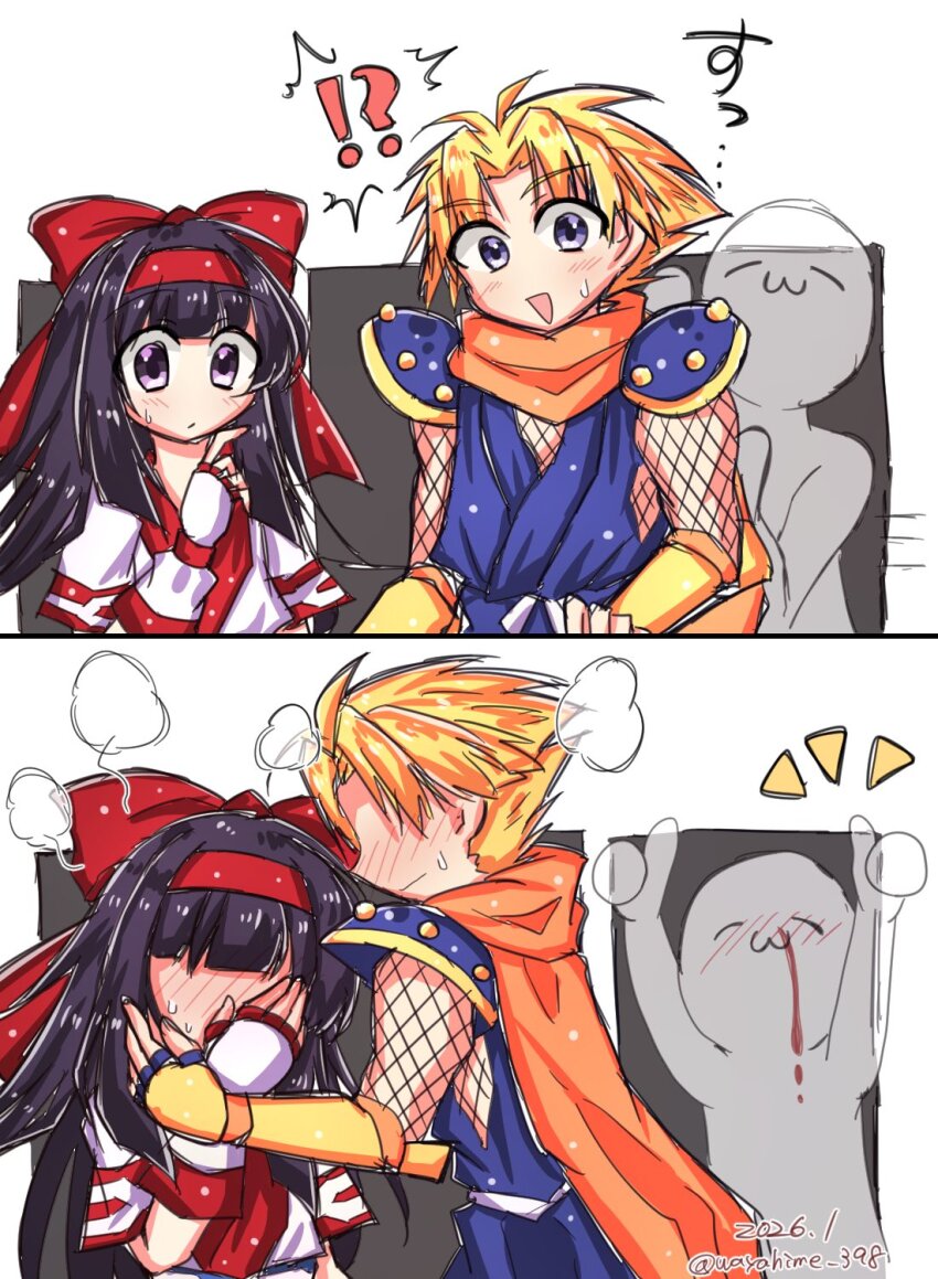 !? 1girl 2boys ainu_clothes arms_up artist_name blonde_hair blood blue_eyes blush breasts covering_own_face dated embarrassed galford_d_weller hair_over_eyes hair_ribbon height_difference highres hug japanese_clothes long_hair looking_at_viewer multiple_boys nakoruru ninja nosebleed open_mouth original purple_eyes purple_hair ribbon samurai_spirits scarf short_hair sitting small_breasts smile snk surprised sweatdrop thumbs_up tongue