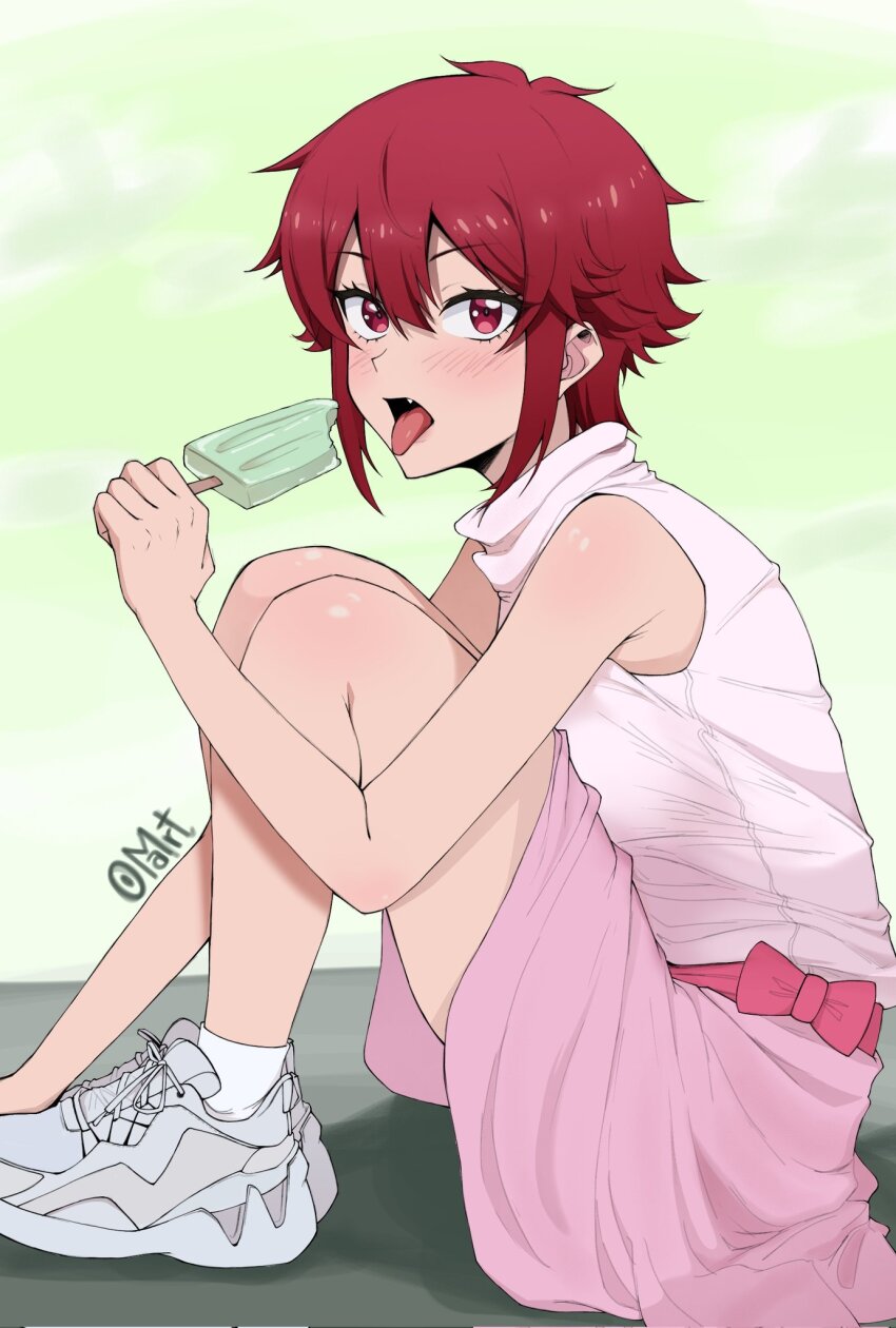1girl aizawa_tomo arm_out_of_frame artist_name bare_shoulders blush bow commentary_request corrupted_twitter_file dress eyelashes fang food from_side green_background grey_shoes hair_between_eyes highres holding holding_food holding_ice_cream ice_cream knees_up looking_at_viewer oomartm open_mouth pink_bow pink_skirt red_eyes red_hair shoes short_hair sidelocks sitting skirt socks solo spanish_commentary tomboy tomo-chan_wa_onna_no_ko tongue tongue_out white_dress white_socks