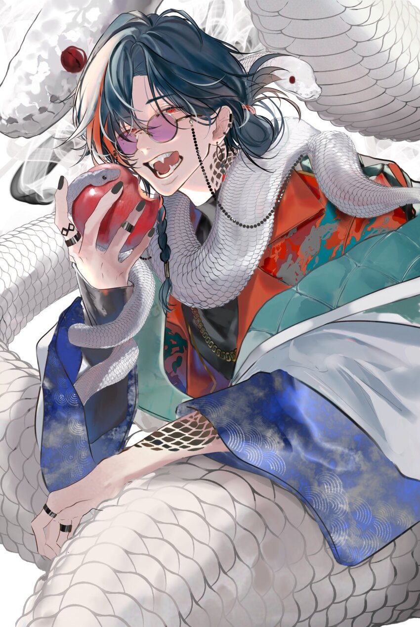 1boy apple braid coat ear_piercing earrings food fruit highres jewelry kaisei_(nijisanji) long_sleeves looking_at_viewer male_focus medium_hair mole multicolored_hair multiple_rings nail_polish necklace nijisanji off_shoulder open_mouth orange_hair orange_shirt pants parted_bangs piercing ponytail purple-tinted_eyewear red_eyes ring round_eyewear sash scales shirt shoes side_braid simple_background single_braid sleeves_past_fingers sleeves_past_wrists slit_pupils snake streaked_hair tinted_eyewear tongue tongue_out two-sided_fabric virtual_youtuber white_coat wolfjamescamer1 zipper zipper_pull_tab