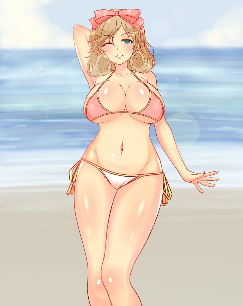 1girl beach breasts brown_hair cloud green_eyes haruka_(senran_kagura) kotavandeven large_breasts medium_hair ocean one_eye_closed sand senran_kagura teeth water wink