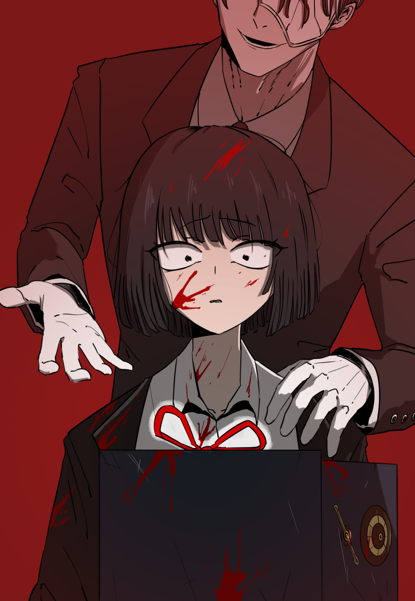 1boy 1girl black_coat black_hair black_suit blood blood_on_clothes blood_on_face coat collared_shirt commentary_request constricted_pupils cracked_mask eyes_out_of_frame formal_clothes gloves hand_on_another's_shoulder head_out_of_frame highres jacket lapels limbus_company mask necktie notched_lapels project_moon red_background red_necktie rien_(project_moon) ryoshu_(project_moon) safe_(container) shirt short_hair smile spoilers string string_of_fate suit suit_jacket teeth user_dtzy7353 white_gloves white_mask white_shirt