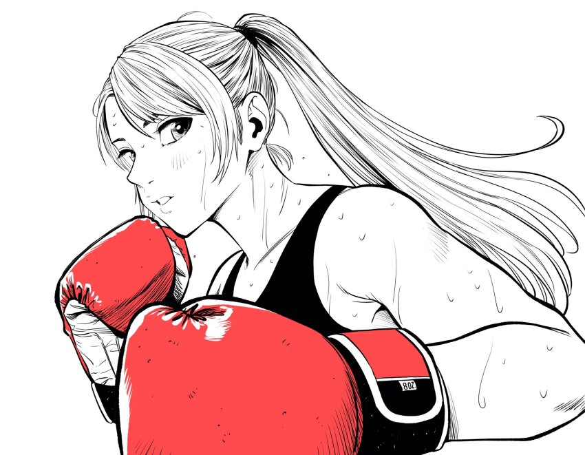 1girl boxing boxing_gloves commentary_request foreshortening gloves highres lee_(dragon_garou) long_hair monochrome original parted_lips portrait red_gloves solo spot_color sweat tank_top twintails