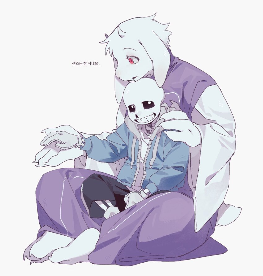 1boy 1girl animal_ears barefoot black_shorts blue_jacket colored_skin drawstring fang fewer_digits full_body furry furry_female gloves goat_ears goat_girl goat_horns goat_tail grin hand_on_another's_hand hand_on_another's_shoulder highres hood hood_down hooded_jacket horns jacket korean_text purple_robe red_eyes robe sans_(undertale) shorts shout_ing simple_background sitting sitting_on_lap sitting_on_person skeleton skin_fang smile tail toriel undertale utdr_(toby_fox) white_background white_gloves white_skin zipper