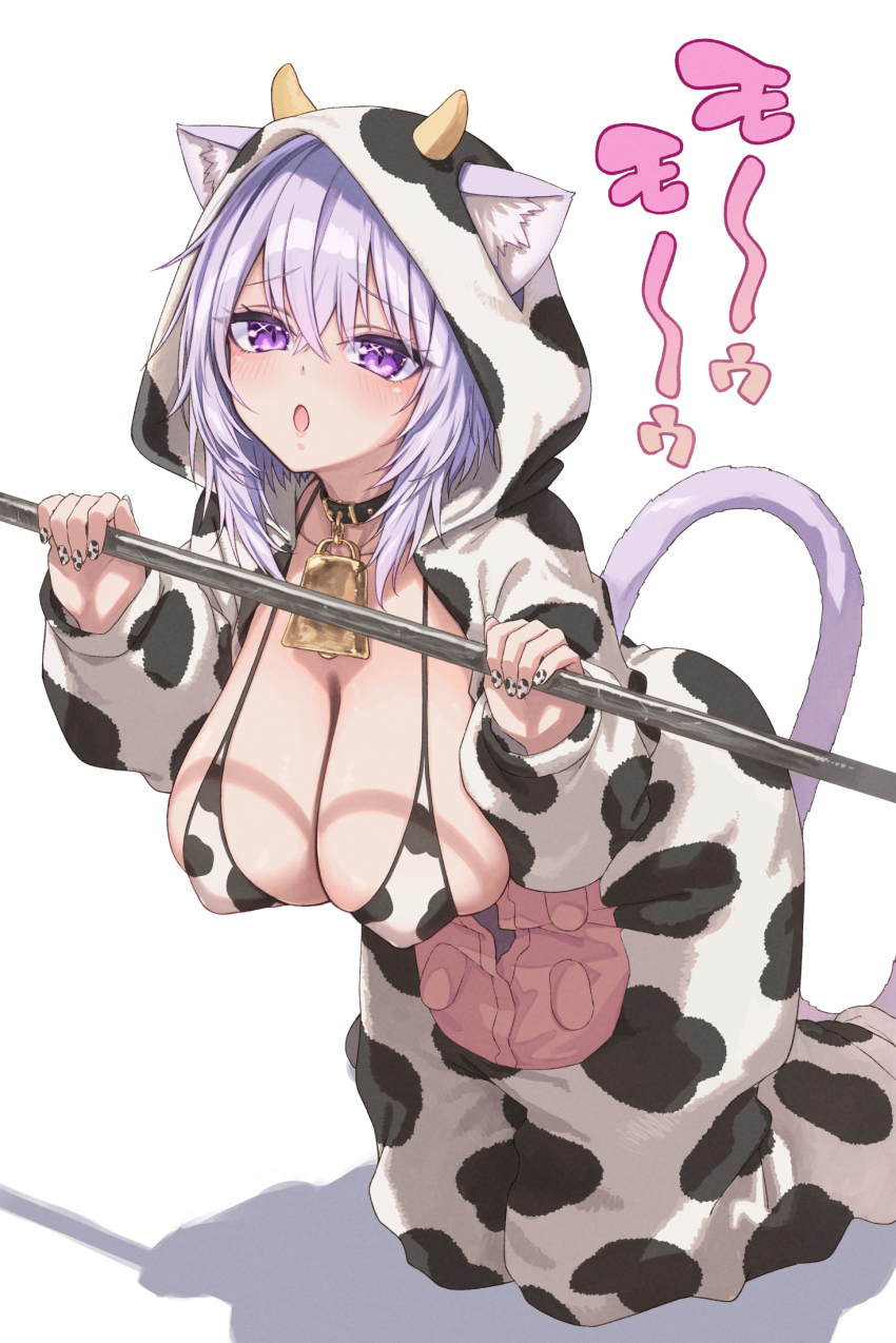 1girl alternate_costume animal_collar animal_costume animal_ears animal_print bell bikini black_collar breasts cat_ears cat_girl cat_tail cleavage collar commentary covered_erect_nipples cow_costume cow_hood cow_horns cow_print cow_print_bikini cowbell crossed_bangs double-parted_bangs ears_through_hood fake_horns hair_between_eyes hakui_ami highres hololive hood hood_up horns kneeling large_breasts looking_at_viewer nekomata_okayu onesie open_mouth print_bikini purple_eyes purple_hair short_hair simple_background solo swimsuit symbol-only_commentary tail virtual_youtuber white_background