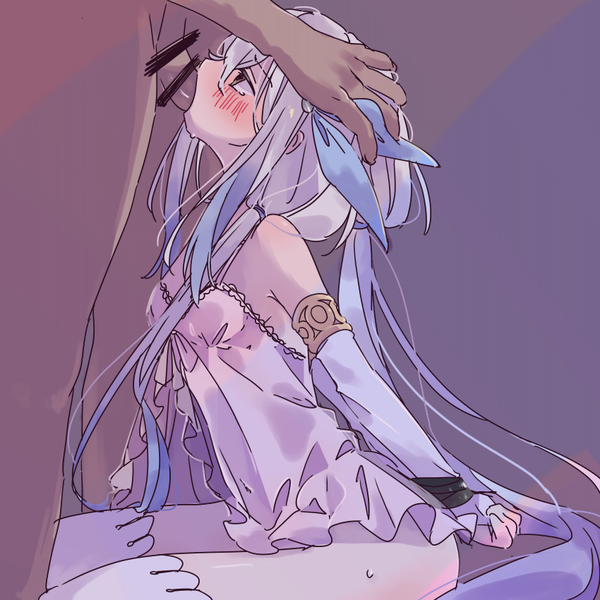 1boy 1girl 385qn absurdres bare_shoulders bdsm blue_dress blush bondage bound breasts censored commentary_request detached_sleeves dress fellatio female_focus gloves grabbing_another's_head grey_hair highres multicolored_dress multicolored_hair oral shadowverse simple_background small_breasts thighhighs twintails velharia_(shadowverse:_worlds_beyond) white_thighhighs yellow_eyes