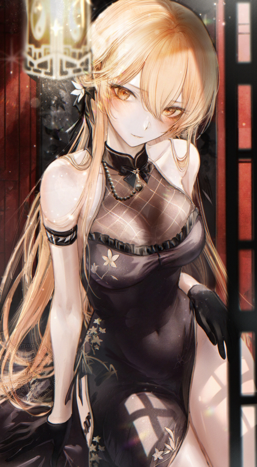 1girl absurdres arm_support armband bare_shoulders black_dress black_gloves blonde_hair breasts china_dress chinese_clothes closed_mouth commentary covered_navel dress floral_print floral_print_dress girls&#039;_frontline girls&#039;_frontline_2:_exilium gloves groza_(girls&#039;_frontline_2) hair_between_eyes highres light_particles long_hair looking_at_viewer official_alternate_costume ots-14_(girls&#039;_frontline) ots-14_(sangria_succulent)_(girls&#039;_frontline) pelvic_curtain print_dress renoahh revision sitting sleeveless sleeveless_dress solo thighs yellow_eyes