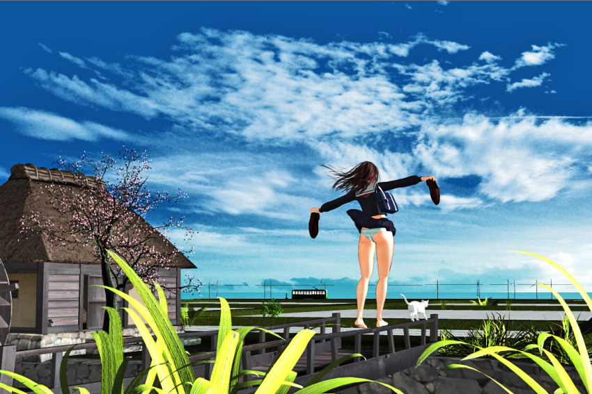 1girl ass bare_legs barefoot blue_sky brown_hair building cat clothes_lift cloud day from_behind grass ground_vehicle holding holding_shoes holding_unworn_clothes house kill_the_king loafers long_hair long_sleeves outdoors panties pleated_skirt power_lines scenery school_uniform serafuku shoes skirt skirt_lift sky solo standing striped striped_clothes striped_panties tree underwear unworn_shoes utility_pole wide_shot wind wind_lift