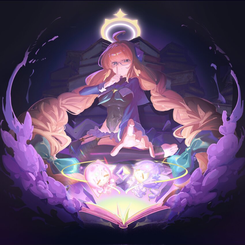 1girl ahoge black_leotard blue_archive book braid brown_hair commentary_request glasses gloves halo halter_leotard halterneck highres leotard long_hair looking_at_viewer low_twin_braids meiruruu official_alternate_costume shimiko_(blue_archive) shimiko_(magical)_(blue_archive) solo twin_braids yellow_halo