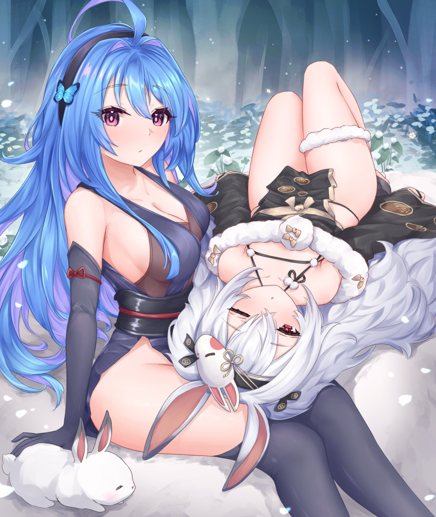 2girls :o absurdres ahoge alternate_costume animal_ears azur_lane bare_shoulders black_kimono black_thighhighs blue_hair blush bodystocking breasts butterfly_hair_ornament cleavage collarbone commentary crossed_bangs dress elbow_gloves english_commentary fake_animal_ears flower fur-trimmed_kimono fur-trimmed_thighhighs fur_thigh_strap fur_trim gloves hair_between_eyes hair_ornament hairband helena_(azur_lane) highres japanese_clothes kimono kyl490 laffey_(azur_lane) laffey_ii_(azur_lane) laffey_ii_(lady_laffey's_languid_tour)_(azur_lane) lap_pillow leaf_print light_particles long_hair looking_at_viewer mask mask_on_head medium_breasts messy_hair multiple_girls official_alternate_costume one_eye_closed open_mouth parted_lips plant pom_pom_(clothes) purple_dress purple_eyes rabbit rabbit_ears rabbit_mask rabbit_ornament red_eyes red_ribbon ribbon sitting sleeping small_breasts thighhighs thighs tree twintails very_long_hair white_hair white_rabbit_(animal) wide_sleeves