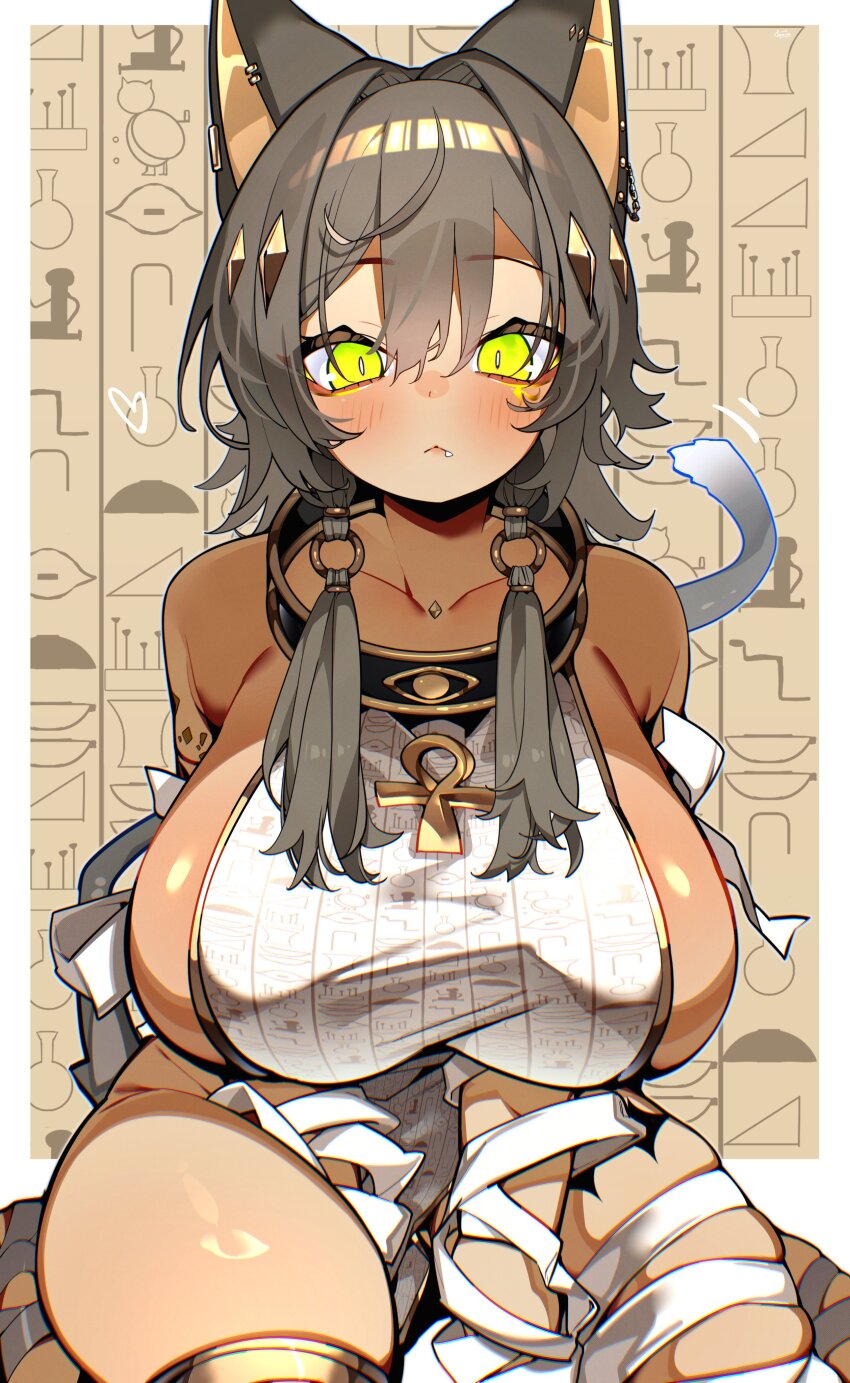 1girl ancient_egyptian animal_ears ankh black_collar black_hair blush breasts collar dark-skinned_female dark_skin detached_hair earrings fang green_eyes hair_extensions hands_between_legs hieroglyphics huge_breasts jewelry lips medium_hair melopippi0219 mummy original pelvic_curtain ring_hair_extensions seiza sideless_outfit sitting solo tabard tail thick_thighs thigh_strap thighs