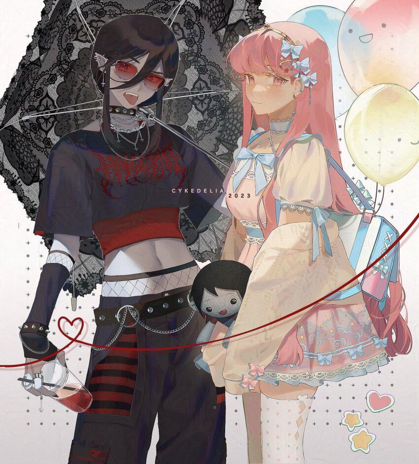 2girls adventure_time animification arm_warmers artist_name bag balloon belt black_belt black_choker black_gloves black_hair black_nails black_pants black_shirt blue_bag blue_bow blue_bowtie blue_choker blush bow bowtie bracelet cardigan character_doll choker closed_mouth clothes_writing colored_skin crescent crescent_earrings cross cross_earrings cup disposable_cup doll dress drink drinking_straw ear_piercing earrings eyelashes fang fangs fingerless_gloves fingernails gem gloves grey-framed_eyewear grey_skin hair_between_eyes hair_bow hair_ornament hairpin heart heart_hair_ornament highres holding holding_cup holding_doll jewelry jianli juliet_sleeves lace lace_choker long_fingernails long_hair long_sleeves looking_at_viewer marceline_abadeer multiple_girls nail_polish navel necklace open_cardigan open_clothes open_mouth pants piercing pinafore_dress pink_dress pink_eyes pink_hair pointy_ears princess_bonnibel_bubblegum puffy_short_sleeves puffy_sleeves red-tinted_eyewear red_eyes red_gemstone ring shirt short_hair_with_long_locks short_sleeves sidelocks sleeveless sleeveless_dress smile spiked_bracelet spiked_choker spikes standing star_(symbol) sunglasses sweater t-shirt teeth thighhighs tiara tinted_eyewear tongue tongue_out white_background white_thighhighs wide_sleeves yellow_shirt yellow_sweater