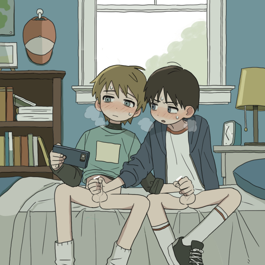 2boys aomuke bar_censor bed bedroom black_hair black_shoes blush book bookshelf bottomless breath brown_hair cellphone censored clock grey_eyes handjob hat indoors kodomo_doushi lamp looking_at_phone male_focus male_masturbation masturbation multiple_boys mutual_masturbation open_mouth original penis phone pillow shoes shota sitting smartphone socks spread_legs sweat testicles white_socks window yaoi