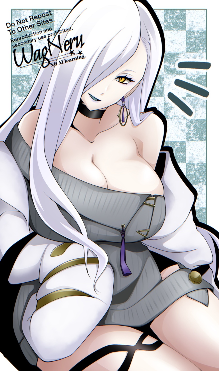 1girl bare_shoulders black_shorts blue_lips breasts choker cleavage collarbone commentary_request dress earrings eyeliner fate/grand_order fate_(series) grey_dress hair_over_one_eye highres hoop_earrings jacket jewelry large_breasts long_hair long_sleeves looking_at_viewer makeup mrs._snake_(fate) off_shoulder open_mouth short_shorts shorts smile solo sweater sweater_dress tassel thighs wagu_neru white_hair white_jacket yellow_eyes