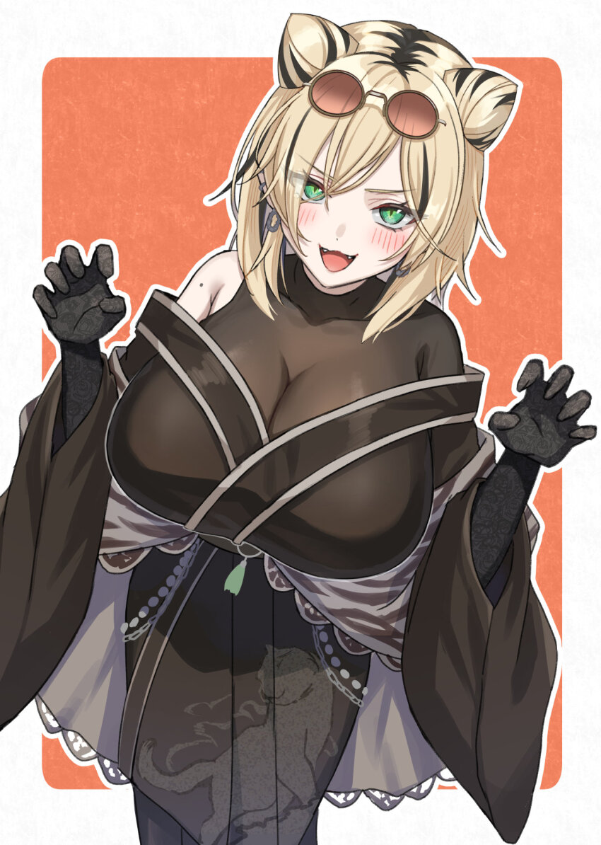 1girl animal_print black_bodystocking black_gloves black_kimono black_streaks blonde_hair bodystocking breasts claw_pose commentary_request cone_hair_bun double-parted_bangs double_bun earrings elbow_gloves eyewear_on_head fangs gloves green_eyes hair_bun hair_ears highres hololive hololive_dev_is japanese_clothes jewelry kimono koganei_niko koganei_niko_(new_year) lace lace_gloves large_breasts leaning_forward looking_at_viewer medium_hair mole mole_on_shoulder multicolored_hair off_shoulder official_alternate_costume official_alternate_hair_length official_alternate_hairstyle orange-tinted_eyewear orange_background parted_hair print_shawl round_eyewear see-through_cleavage see-through_clothes single_bare_shoulder slit_pupils solo streaked_hair sunglasses swept_bangs tiger_print tinted_eyewear unkai_amane virtual_youtuber