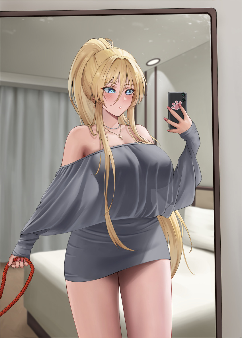 1girl absurdres alternate_costume alternate_hairstyle azur_lane bare_shoulders bed bed_sheet bedroom bismarck_(azur_lane) blonde_hair blue_eyes blush breasts casual chinese_commentary cleavage clothing_request commentary_request cowboy_shot cross cross_necklace curtains fingernails hair_between_eyes high_ponytail highres holding holding_leash holding_phone indoors jewelry large_breasts leash long_fingernails long_hair long_sleeves mirror mirror_selfie necklace off-shoulder_shirt off_shoulder parted_lips paw_print phone pillow pink_nails ponytail reflection selfie shirt sidelocks solo standing thighs xhxcw