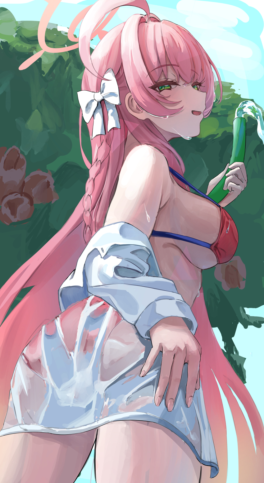 1girl absurdres ahoge bare_shoulders bikini blue_archive blush bow braid breasts from_behind green_eyes hair_between_eyes hair_bow hanako_(blue_archive) hanako_(swimsuit)_(blue_archive) hand_on_own_ass highres holding holding_hose hose incredibly_absurdres large_breasts long_hair looking_at_viewer mixjuice no_panties open_mouth pink_bikini pink_hair see-through_clothes see-through_shirt shirt shirt_partially_removed sidelocks single_braid swimsuit wet wet_clothes wet_shirt white_bow white_shirt