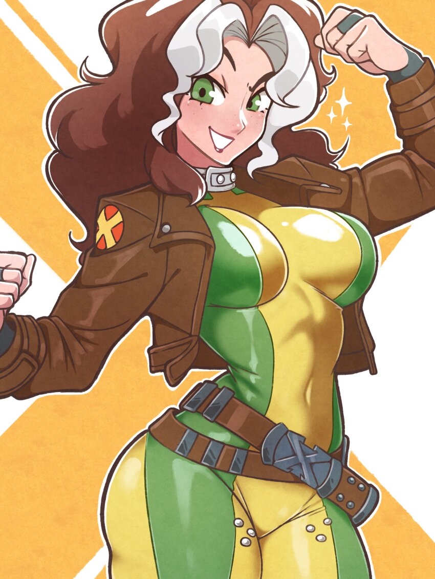 1girl absurdres bodysuit breasts brown_hair brown_jacket colored_bangs commentary covered_navel green_bodysuit green_eyes grin highres jacket jeff_miga large_breasts leather looking_at_viewer marvel marvel_rivals multicolored_bodysuit multicolored_hair rogue_(x-men) smile solo sparkle superhero_costume two-tone_bodysuit two-tone_hair white_hair x-men yellow_bodysuit