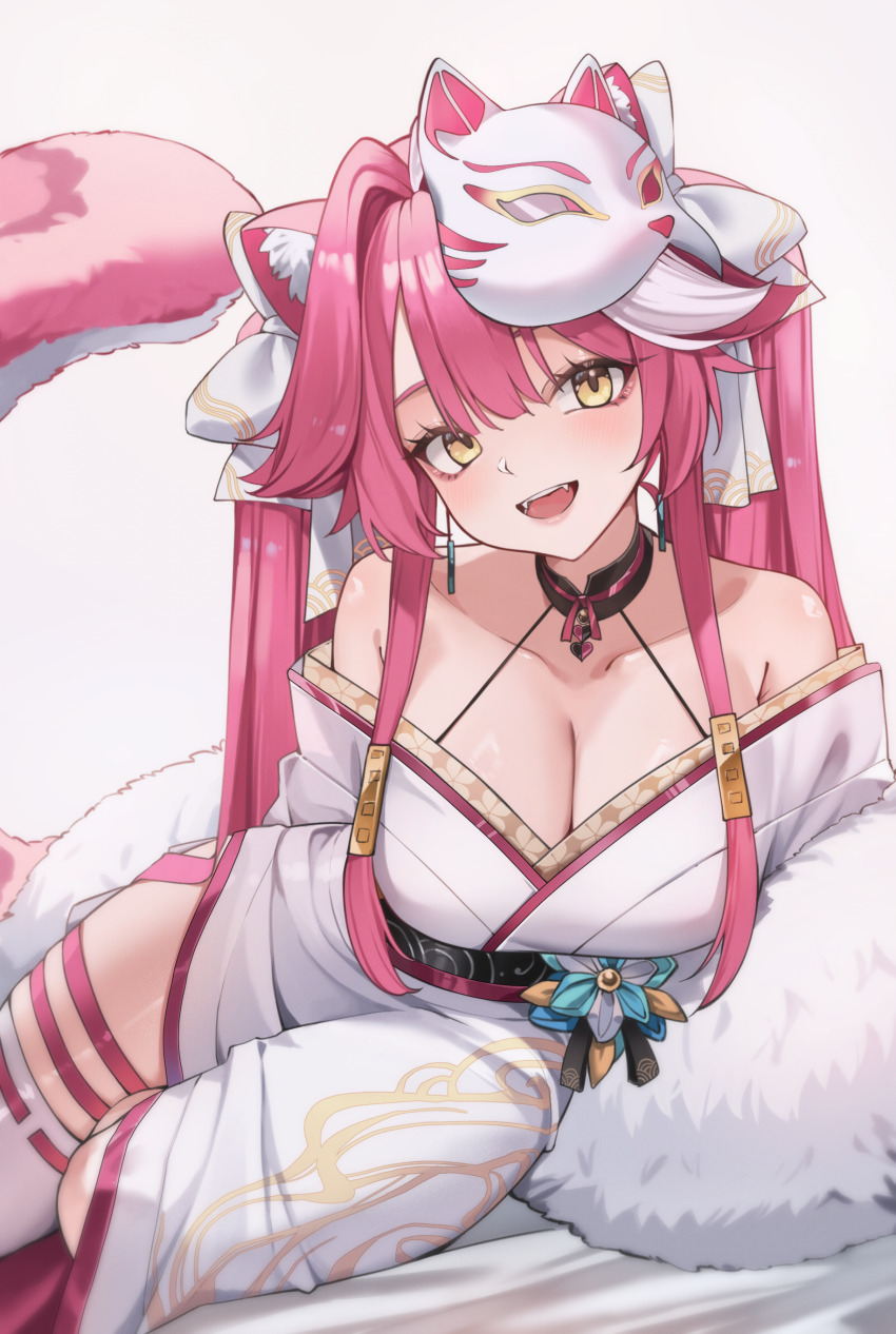 1girl absurdres animal_ears blunt_bangs bow breasts cleavage collarbone commentary detached_collar double-parted_bangs earrings fangs feather_boa fox_mask furisode hair_bow hair_flaps halterneck highres hololive hololive_english i.ryuu_z japanese_clothes jewelry kimono large_breasts long_hair long_sidelocks long_sleeves looking_at_viewer lying mask mask_on_head multicolored_hair obi obiage obijime off_shoulder official_alternate_costume official_alternate_hairstyle on_side open_mouth panther_ears panther_girl pink_hair pink_nails raora_panthera raora_panthera_(new_year) sash side_slit sidelocks solo spaghetti_strap streaked_hair thigh_strap thighhighs twintails virtual_youtuber white_background white_hair white_kimono white_thighhighs yellow_eyes