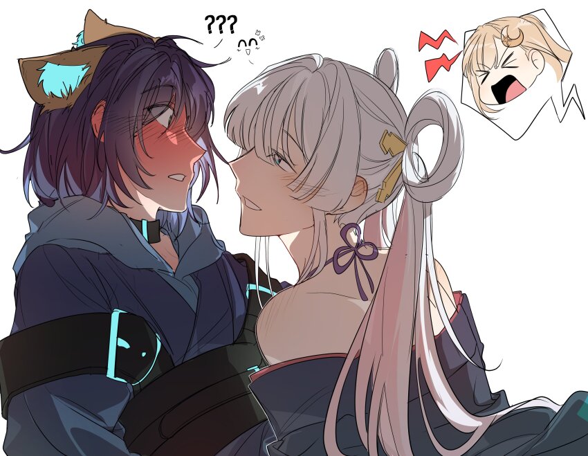 >_< 3girls ? ?? absurdres animal_ears bare_shoulders black_kimono blonde_hair blue_eyes blue_hoodie blush chou_kaguya-hime! commentary_request crescent crescent_hair_ornament ear_blush fox_ears hair_ornament hair_rings highres hood hoodie illusion_moon iroha_sakayori japanese_clothes jealous kaguya_(chou_kaguya-hime!) kimono korean_commentary looking_at_another multiple_girls parted_lips purple_hair short_hair simple_background white_background white_hair yachiyo_runami yuri