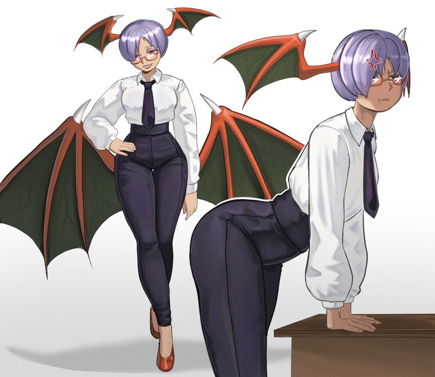 1girl angry bow bowtie capcom darkstalkers glasses highres lilith_(darkstalkers) office_lady pants pout purple_eyes purple_hair short_hair tallinax thigh_gap wings
