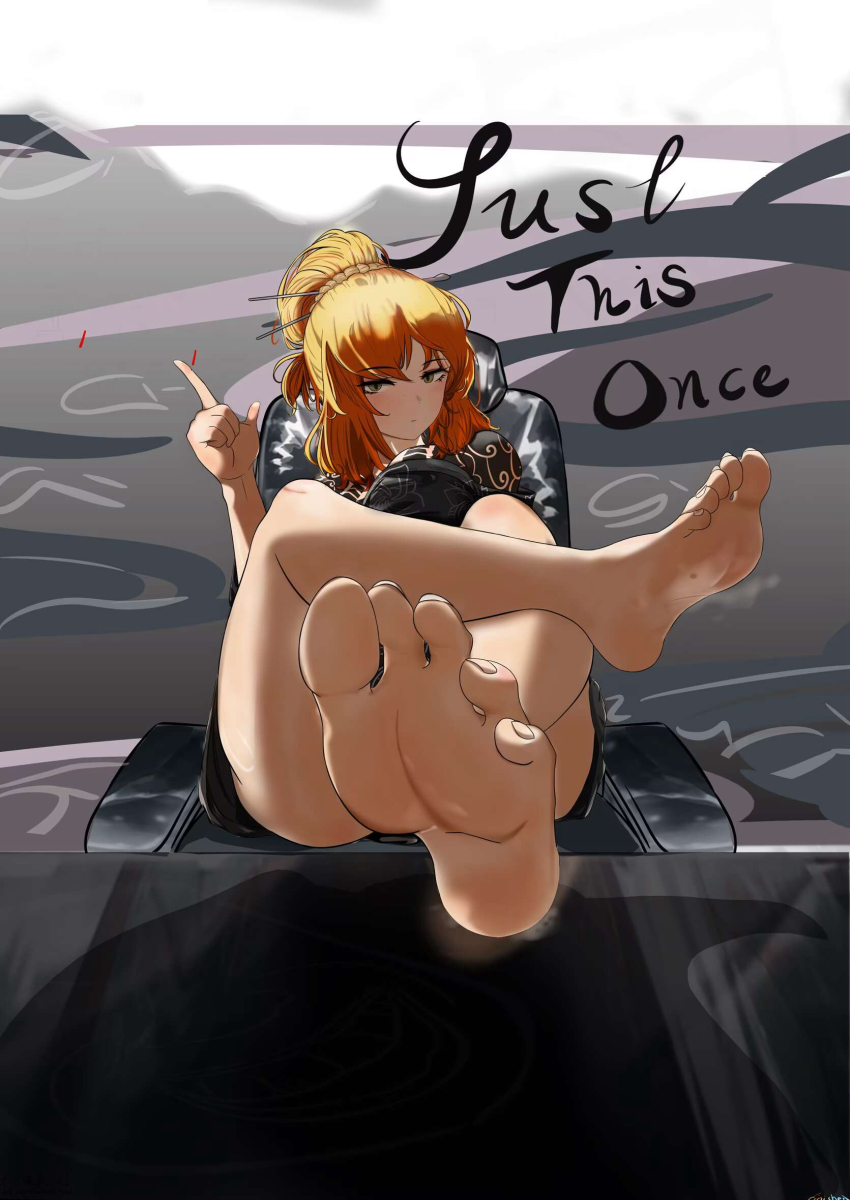 1girl barefoot blonde_hair feet feet_on_table highres ishmael_(project_moon) kurokumo_clan_(identity)_(project_moon) limbus_company long_hair looking_at_viewer project_moon ruaara sitting soles toes