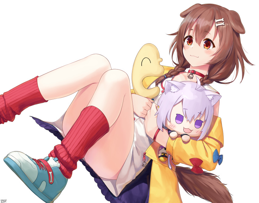 1girl absurdres animal_collar animal_ears belt_collar blue_shoes bone_hair_ornament braid braided_twintails brown_eyes brown_hair character_doll closed_mouth collar commentary_request convenient_leg dog_ears dog_girl dog_tail doll double-parted_bangs dress dutch_angle hair_between_eyes hair_ornament hairclip highres hololive hugging_doll hugging_object inugami_korone inugami_korone_(1st_costume) jacket knees_up listener_(inugami_korone) long_hair loose_socks low_twin_braids low_twintails nekomata_okayu off_shoulder open_clothes open_jacket parallel_hairclips paw_pendant red_collar red_socks shoes short_dress sitting sleeveless sleeveless_dress smile sneakers socks solo tail traveler_(artbbt) twin_braids twintails virtual_youtuber white_dress wristband yellow_jacket
