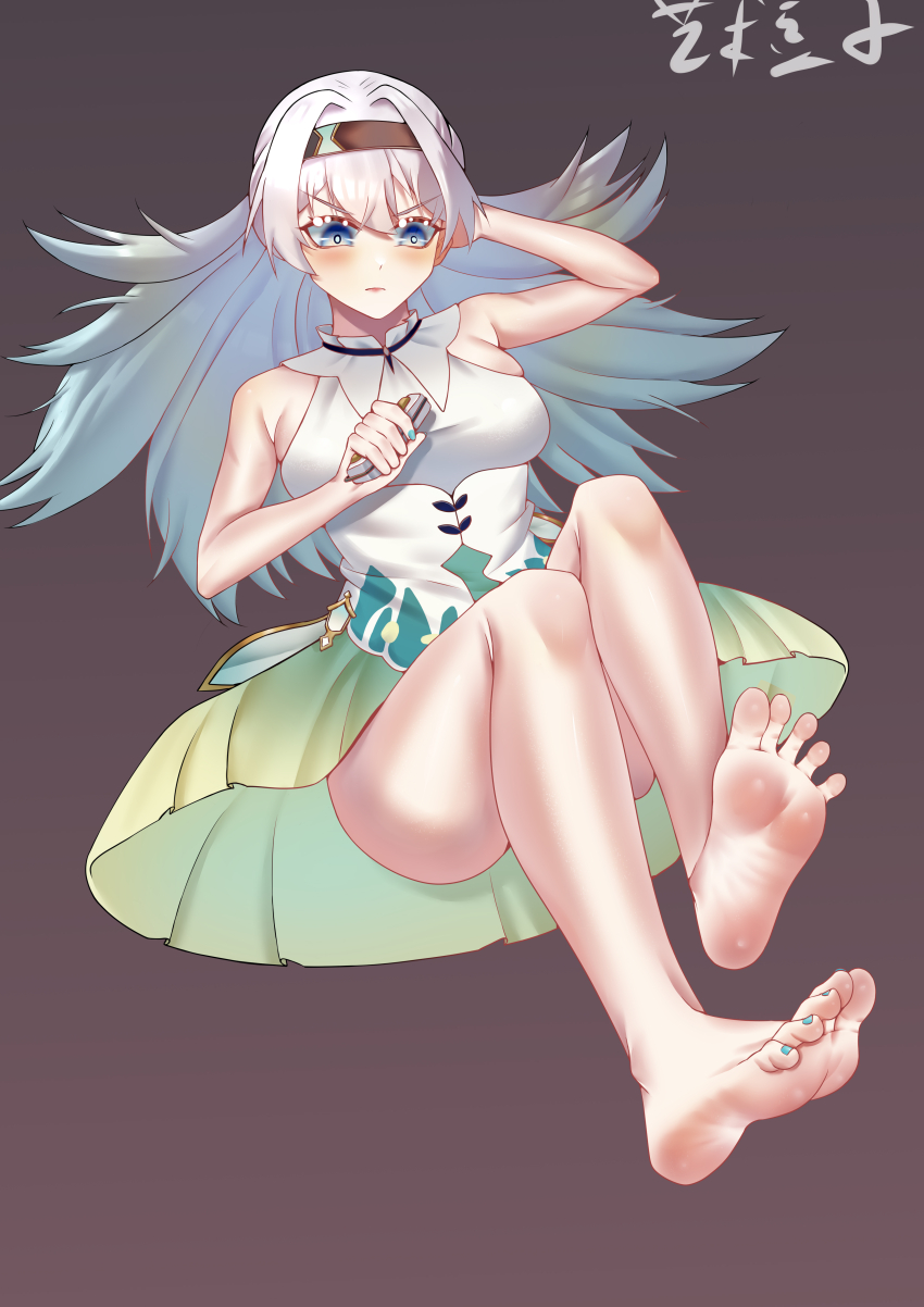 1girl absurdres barefoot blue_eyes blush feet firefly_(honkai:_star_rail) hairband highres honkai:_star_rail honkai_(series) long_hair soles toes white_hair yishudouzi