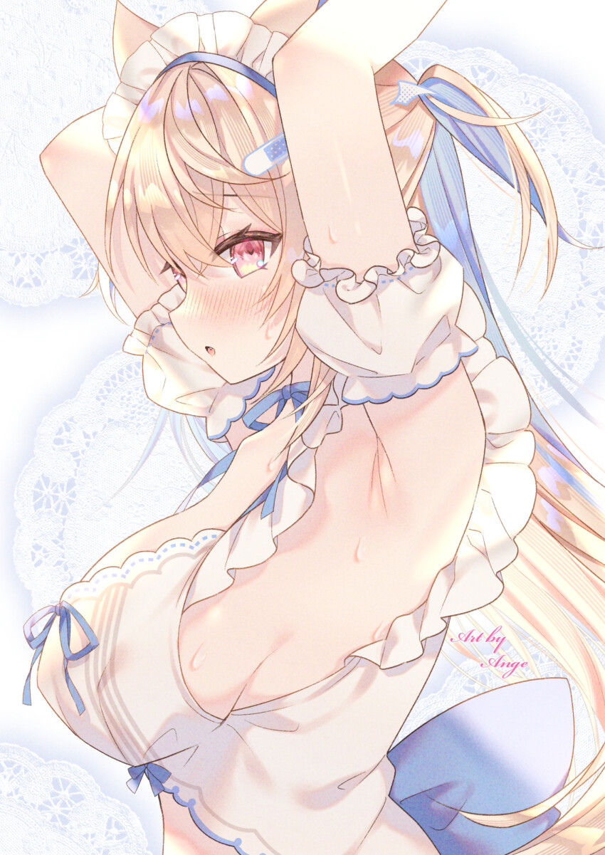1girl animal_ears anju_(mocomocousagi) armpits arms_up bandaid bandaid_hair_ornament blonde_hair blue_streaks blush breasts commentary_request dog_ears dog_girl dress fang fuwawa_abyssgard hair_ornament highres hololive hololive_english large_breasts looking_at_viewer multicolored_hair open_mouth red_eyes sideboob solo streaked_hair two_side_up virtual_youtuber white_dress