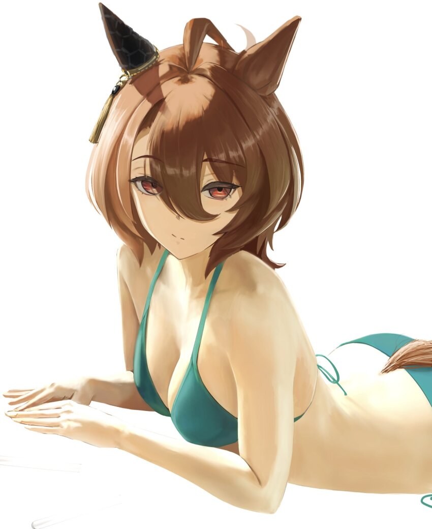 1girl agnes_tachyon_(umamusume) animal_ears bare_arms bare_shoulders bikini breasts brown_eyes brown_hair closed_mouth green_bikini hashtag-only_commentary highres horse_ears horse_girl horse_tail looking_at_viewer lying o_ko_ge2024 on_stomach simple_background solo swimsuit tail umamusume white_background