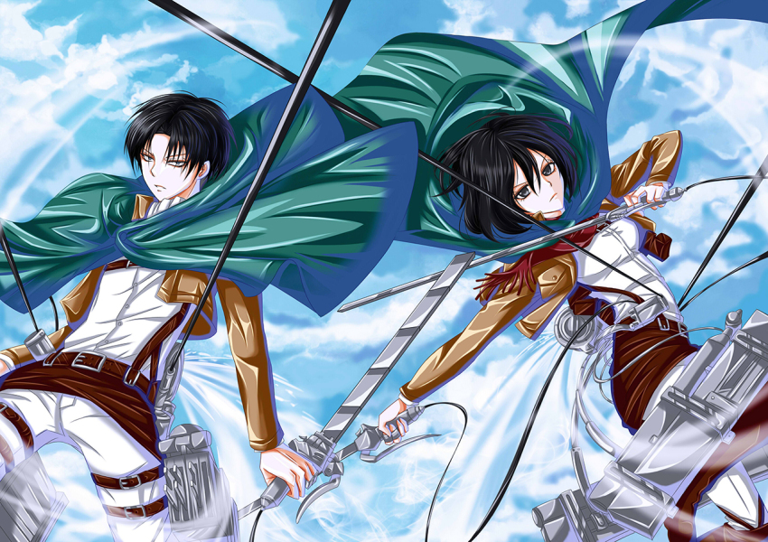 1boy 1girl bad_id bad_pixiv_id bad_tag belt black_hair boots brown_footwear cape die_ying dual_wielding frown grey_eyes holding incest jacket levi_(shingeki_no_kyojin) mikasa_ackerman shingeki_no_kyojin short_hair suspenders thigh_strap three-dimensional_maneuver_gear weapon wire
