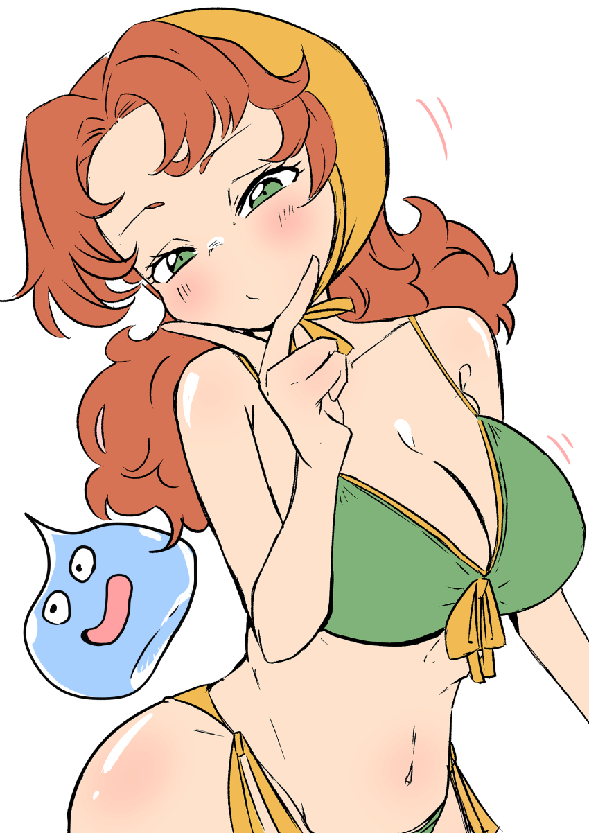 1girl absurdres arinnkohumihumi bikini blush breasts cleavage closed_mouth commentary_request curly_hair dragon_quest dragon_quest_vii green_bikini green_eyes highres hood large_breasts long_hair looking_at_viewer maribel_(dq7) navel simple_background slime_(dragon_quest) swimsuit white_background