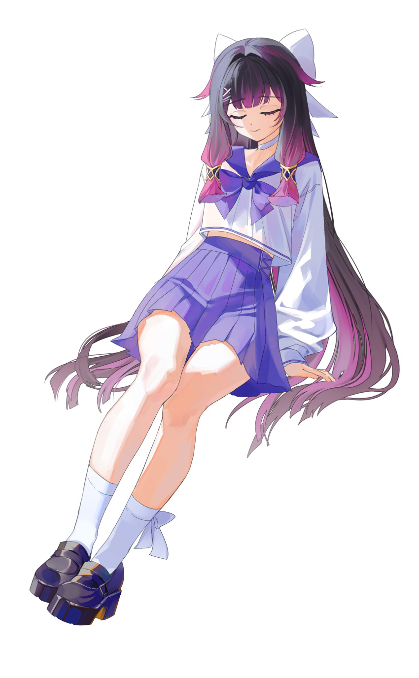 1girl absurdres alternate_costume black_hair black_shoes blver closed_eyes closed_mouth columbina_(genshin_impact) commentary_request full_body genshin_impact highres invisible_chair long_hair long_sidelocks multicolored_hair pleated_skirt purple_hair purple_skirt school_uniform serafuku shirt shoes sidelocks simple_background sitting skirt smile socks solo very_long_hair white_background white_shirt white_socks