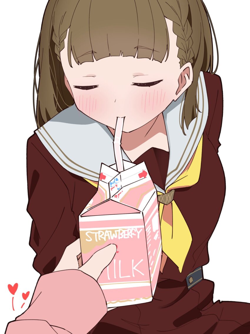 2girls anyoji_hime braid breasts brown_dress brown_hair center-flap_bangs closed_eyes closed_mouth commentary dress drink_carton feeding female_pov hashtag-only_commentary hasu_no_sora_school_uniform heart highres holding holding_milk_carton jacket kachimachi_kosuzu link!_like!_love_live! liz_(piyoko_piyop) long_hair long_sleeves love_live! medium_breasts milk_carton multiple_girls neckerchief pink_jacket pleated_dress pov pov_hands sailor_collar sailor_dress school_uniform side_braids simple_background sleeves_past_wrists solo_focus straight_hair strawberry_milk upper_body virtual_youtuber white_background white_sailor_collar winter_uniform yellow_neckerchief