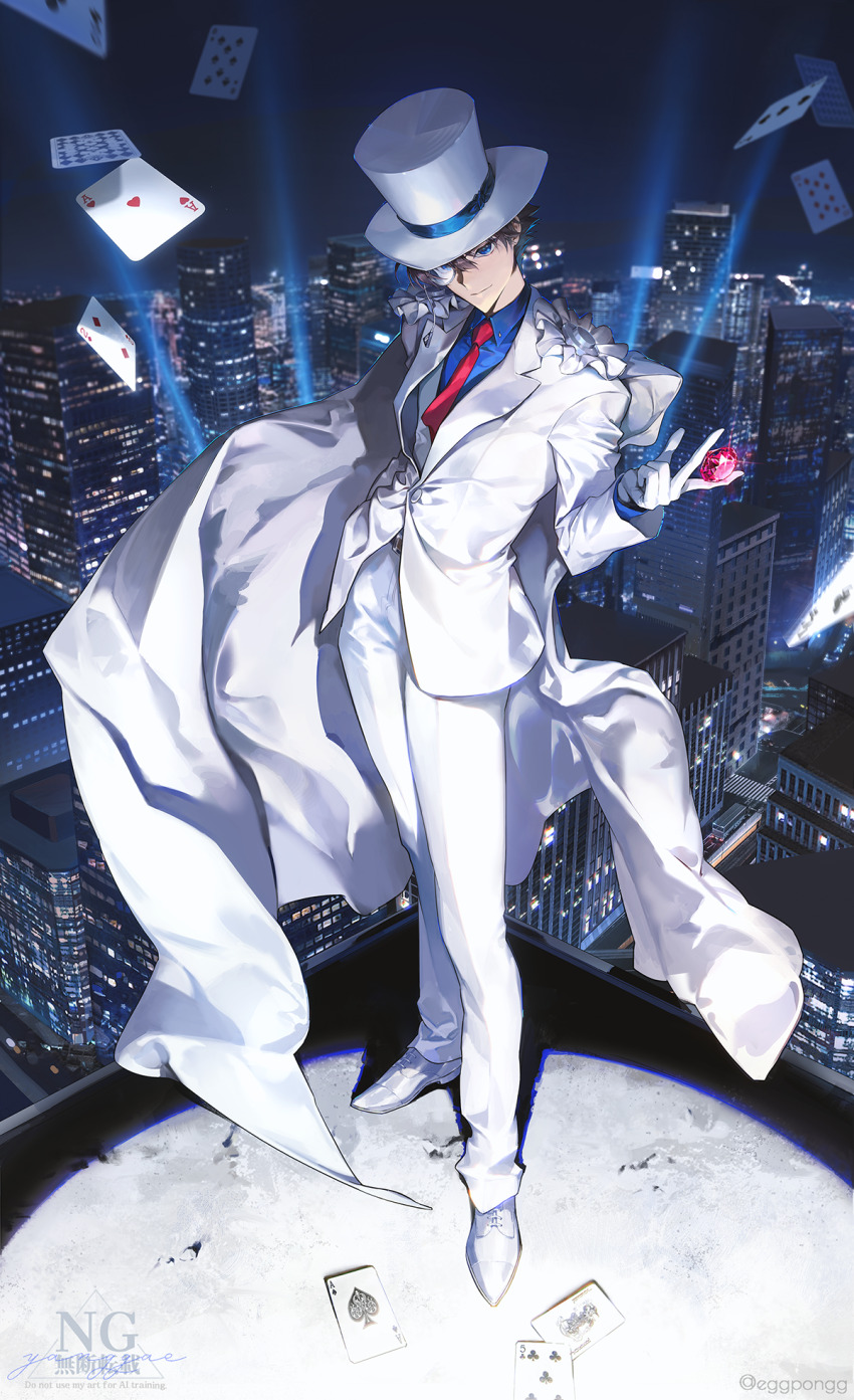 1boy ace_(playing_card) ace_of_hearts blue_eyes blue_shirt blurry blurry_background brown_hair building cape card cityscape close-up commentary_request eggpongg formal_clothes full_body gloves hat heart highres jacket kaitou_kid magic_kaito male_focus monocle necktie night pants playing_card red_necktie shirt short_hair skyscraper solo suit top_hat white_cape white_gloves white_hat white_jacket white_pants white_suit