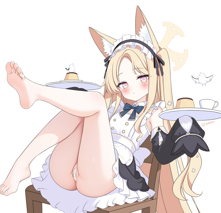 1girl absurdres animal_ears bandaid bandaid_on_pussy barefoot bird black_sleeves blonde_hair blue_archive chair dessert detached_sleeves feet food fox_ears fox_girl gugu0v0 halo highres loli long_hair looking_at_viewer no_panties on_chair pink_eyes seia_(blue_archive) simple_background sitting soles solo tail toenails toes white_background yellow_halo