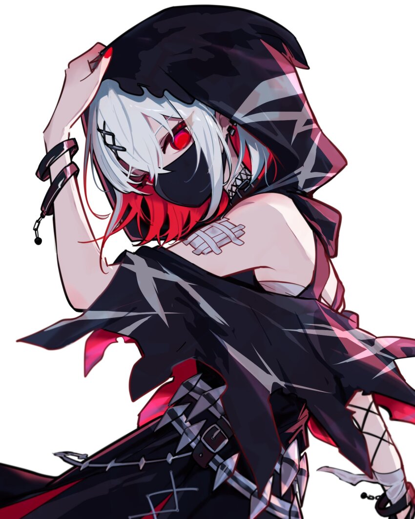bandages bandaid bare_shoulders belt black_dress black_hood black_mask bracelet colored_inner_hair commentary_request dress earrings grey_hair hair_ornament hairpin head_tilt highres holding_hood jewelry looking_at_viewer looking_back mahou_shoujo_no_majo_saiban mask mouth_mask multicolored_hair red_eyes red_hair red_nails shito_alisa sleeveless surgical_mask waipiiy