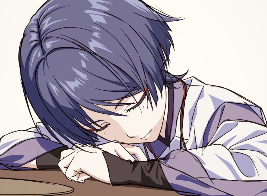 1boy absurdres arm_rest armor blunt_ends closed_eyes closed_mouth clothing_cutout eyelashes eyeliner facing_down genshin_impact grey_hair head_rest highres japanese_armor japanese_clothes kariginu kimono kote kurokote layered_sleeves long_sleeves makeup male_focus nezumi0814 purple_kimono purple_sleeves red_eyeliner scaramouche_(genshin_impact) scaramouche_(kabukimono)_(genshin_impact) shoulder_cutout sleeping smile solo string table white_background white_sleeves wispy_bangs