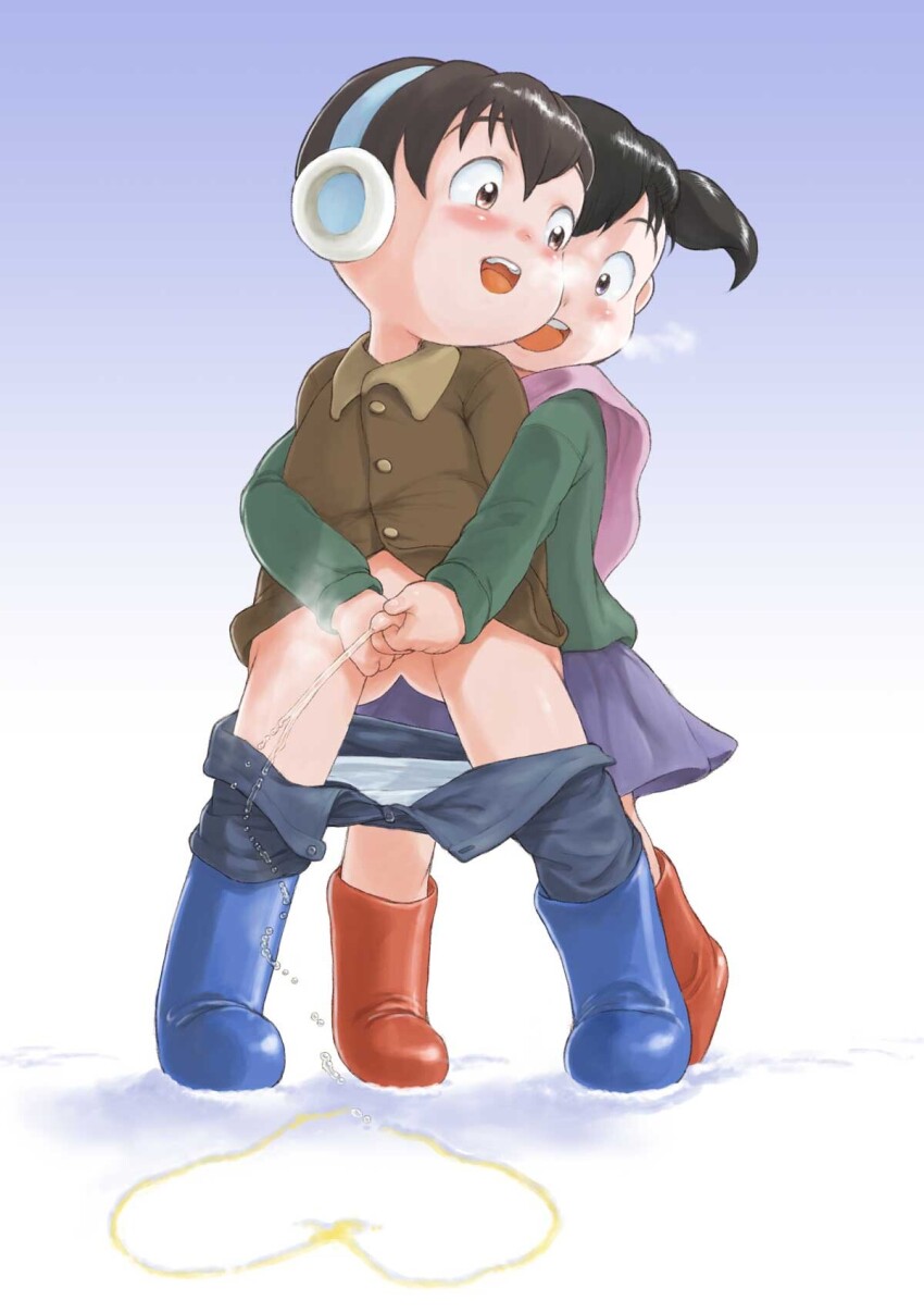 1boy 1girl assisted_peeing black_hair blue_boots blue_pants blue_skirt blush boots breath brown_eyes brown_hair brown_jacket clothes_pull denim earmuffs green_jacket heart jacket jeans loli long_sleeves looking_at_another looking_back open_mouth original pants pants_pull peeing penis penis_grab purple_scarf red_boots scarf short_hair shota skirt sky small_penis smile snow standing susukino_nao teeth testicles twintails winter