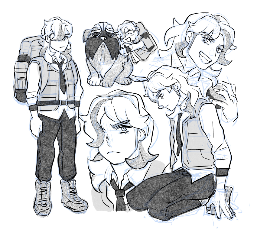 1boy :< absurdres arven_(pokemon) backpack bag belt chibi chibi_inset commentary_request dog fluffy_hair full_body greyscale hair_over_one_eye highres long_hair mabosstiff male_focus monochrome necktie nintendo open_clothes open_mouth open_vest pokemon pokemon_(creature) pokemon_sv sanmarino016 seiza sitting sketch teeth upper_teeth_only vest white_background