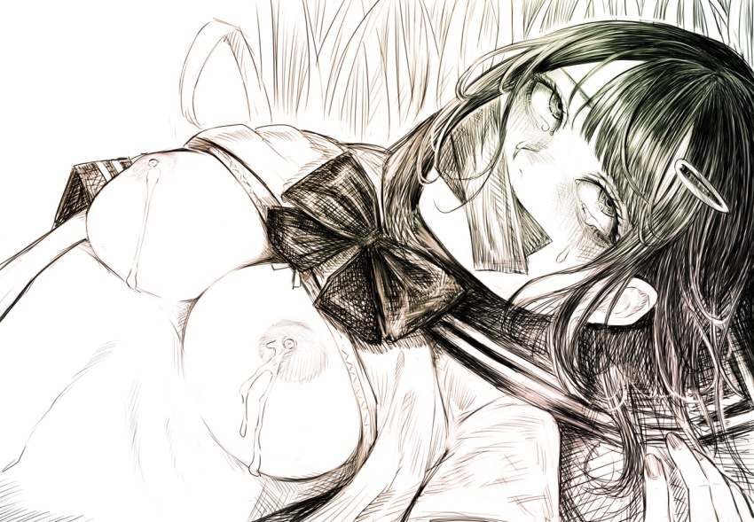 1girl 1other arms_at_sides blunt_bangs blush bow bow_bra bowtie bra bra_lift breasts clothes_lift commentary_request contrast_collar corpse covered_mouth crosshatching crying crying_with_eyes_open cum cum_on_body cum_on_breasts cum_on_upper_body disorder! fingernails gag grass greyscale hair_ornament hair_spread_out hairclip hatching_(texture) improvised_gag looking_up medium_breasts medium_hair monochrome necrophilia nipples on_grass original outdoors pov pov_hands raised_inner_eyebrows rolling_eyes school_uniform shirt_lift short_sleeves sidelocks simple_background solo_focus swept_bangs tall_grass tape tape_gag tears underwear upper_body white_background