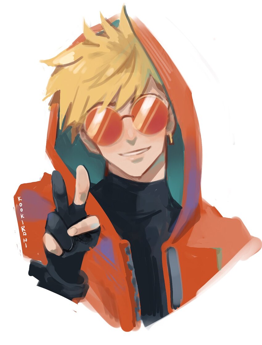 1boy arm_up artist_name black_gloves black_shirt blonde_hair coat commentary cropped_torso earrings english_commentary gloves green_coat highres hood hooded_coat jewelry kookirani male_focus open_clothes open_coat parted_bangs partially_fingerless_gloves piercing portrait red-tinted_eyewear red_coat rimless_eyewear round_eyewear shirt short_hair single_earring smile solo tinted_eyewear trigun trigun_stampede turtleneck two-sided_coat two-sided_fabric v vash_the_stampede