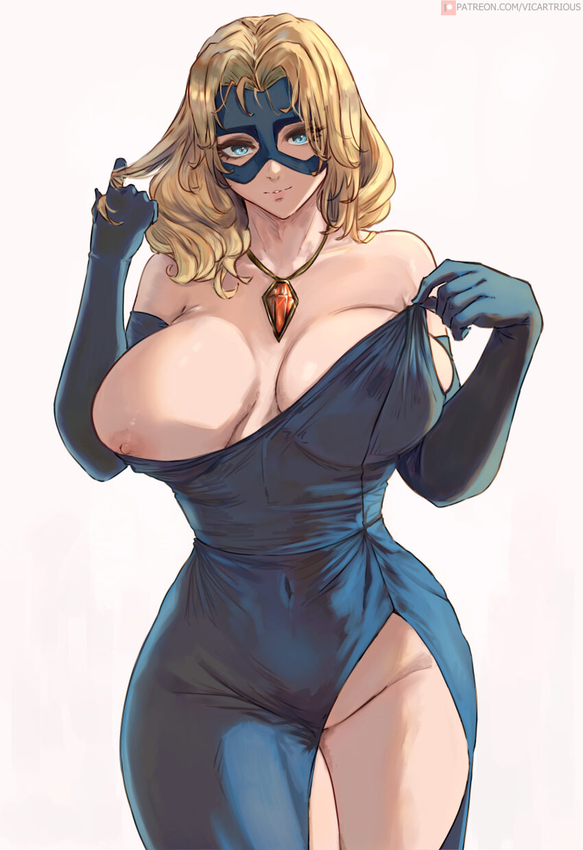 1girl absurdres blonde_blazer blonde_hair blue_dress blue_eyes blue_gloves blue_mask breast_slip breasts collarbone commentary covered_navel dispatch dress elbow_gloves english_commentary eye_mask gloves hand_in_own_hair highres jewelry large_breasts long_hair looking_at_viewer mask necklace simple_background solo strapless strapless_dress vicartrious