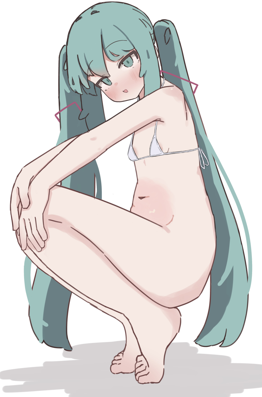 1girl 3d absurdres ass axys bikini bikini_top_only blue_hair blush breasts full_body hair_between_eyes hair_ornament hatsune_miku highres loli long_hair looking_at_viewer navel open_mouth simple_background small_breasts swimsuit twintails vocaloid white_background white_bikini