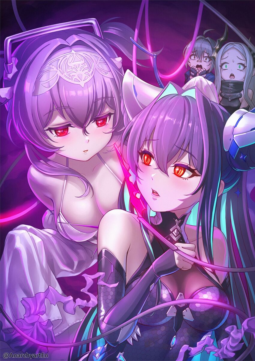 4girls ahoge anarchyart aqua_hair bandaid bandaid_on_face bandaid_on_nose bare_shoulders black_bodysuit black_hair black_horns black_liquid bodysuit breasts cleavage colored_inner_hair detached_sleeves folded_hair forehead frills goddess_of_victory:_nikke green_eyes grey_hair hair_between_eyes hair_intakes hairband halterneck heretics_(nikke) highres honeycomb_(pattern) honeycomb_print horns jellyfish_girl leotard leviathan_(nikke) liberalio_(nikke) liquid_clothes little_mermaid_(nikke) long_hair looking_at_another medium_breasts mori_(nikke) multicolored_hair multiple_girls open_mouth pointy_ears purple_hair red_eyes scared see-through_bodysuit see-through_cleavage see-through_clothes short_hair short_hair_with_long_locks sleeves_past_fingers sleeves_past_wrists small_breasts twintails very_long_hair white_leotard yellow_eyes