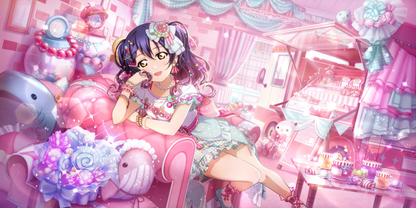 1girl animal-shaped_pillow blue_hair blue_skirt bow bracelet chair food-themed_hair_ornament food_truck game_cg gumball_machine hair_bow hair_ornament heart heart_hair_ornament highres ice_cream_hair_ornament indoors jewelry looking_at_viewer love_live! love_live!_school_idol_festival_all_stars love_live!_school_idol_project necklace official_alternate_costume official_alternate_hairstyle official_art on_chair open_mouth pearl_necklace pink_theme shirt short_sleeves sitting skirt smile solo sonoda_umi star_(symbol) star_hair_ornament third-party_source twintails white_shirt x_hair_ornament yellow_eyes