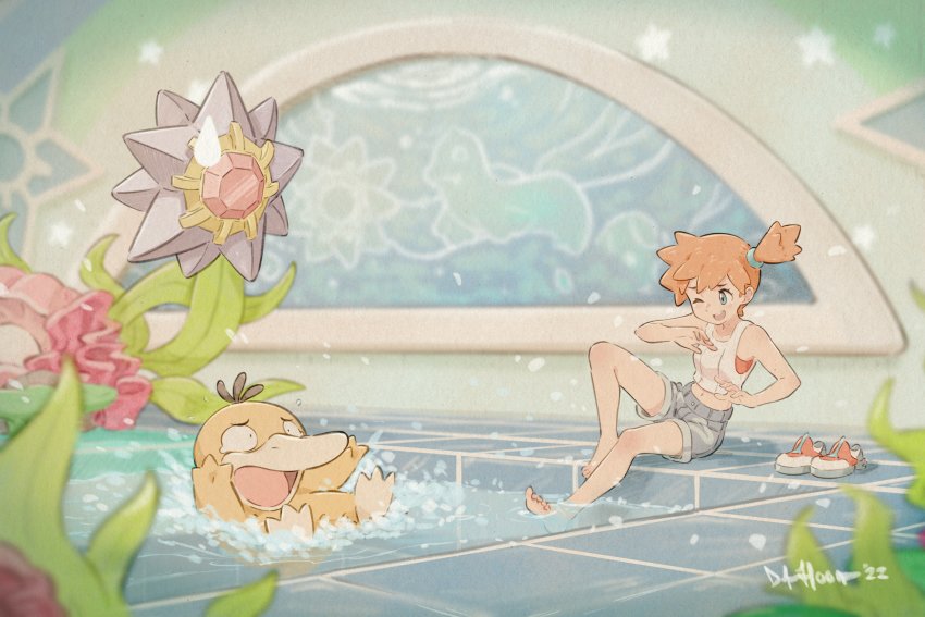 1girl absurdres adapted_costume asymmetrical_hair bare_legs blush breasts denim denim_shorts duke_hoover gen_1_pokemon green_eyes gym_leader highres legs misty_(pokemon) nintendo one_eye_closed orange_hair pokemon pokemon_lgpe ponytail psyduck shirt shoes short_hair short_shorts shorts side_ponytail smile starmie unworn_shoes water wet white_shirt